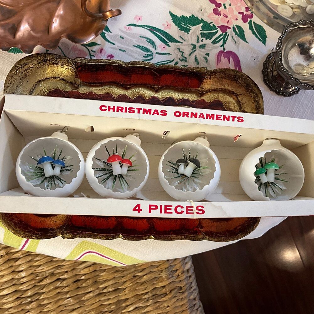 Rare Vintage Jewelbrite Christmas ornaments in box Diorama ornaments Mushrooms